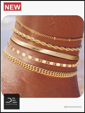 Gold Plated Cuban Link Figaro Snake Herringbone Anklet Set for Large Ankles